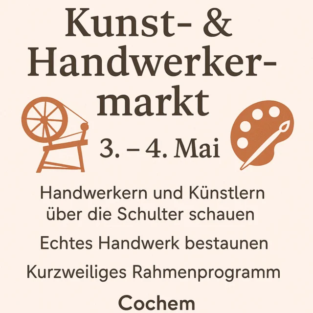 🔨🎨 Weekend Guide Cochem – Kunst- & Handwerkermarkt am 3. und 4. Mai

Wer echtes Handwerk liebt und Kreativität live erleben möchte, sollte sich dieses Wochenende vormerken! Beim Kunst- und Handwerkermarkt in Cochem könnt ihr talentierten Handwerkern und Künstlern über die Schulter schauen – und dabei die Liebe zum Detail hautnah erleben. ✨

🎭Dazu gibt’s ein charmantes Rahmenprogramm für Groß & Klein – perfekt für einen Frühlingsausflug mit der ganzen Familie.

👉 Seid ihr schon mal dort gewesen? Was habt ihr entdeckt?

#WeekendGuideCochem #HandwerkermarktCochem #Kunsthandwerk #CochemErleben #MoselMomente #MarktDerErlebnisse