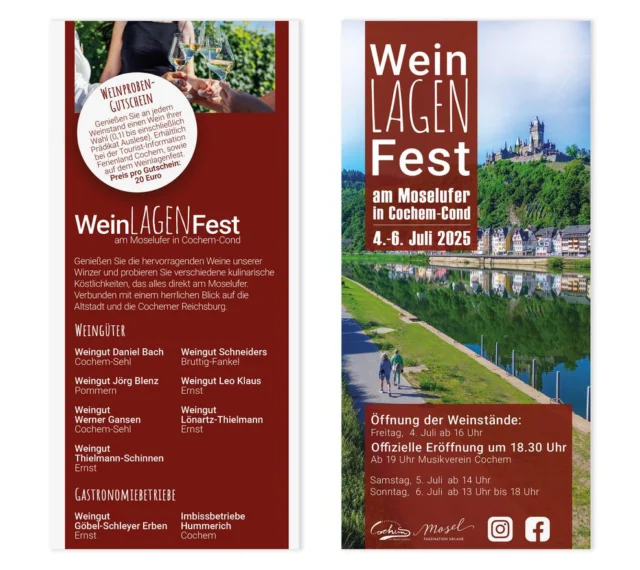 Germanias Weekend Guide – Veranstaltungen & Geheimtipps vom Hotel Germania

🍷 Weinlagenfest am Ufer – Sommerfeeling pur in Cochem-Cond! ☀️🎶

Vom 4. bis 6. Juli 2025 wird’s richtig gemütlich am Moselufer in Cond – mit Moselblick, guter Musik und natürlich bestem Wein!
Ein Fest, das Weinherzen höherschlagen lässt – mitten in den Weinbergen, mit Blick auf die Burg und die sanften Hügel rundum.

An den Ständen lokaler Winzer könnt ihr euch durch echte Moselklassiker probieren – von spritzigem Riesling bis feinperligem Sekt.
✨ Mit dabei ist auch die Weinstube „Beim Weinbauer“, die euch mit Pinsa, Flammkuchen, Tapas-Tellern und Käse verwöhnt – perfekt für einen entspannten Genussabend!

🎵 Dazu gibt’s Musik, gute Laune, Moselatmosphäre – und nette Gespräche mit Einheimischen & Gästen aus aller Welt.

🗓️ Öffnungszeiten:
📍 Freitag, 4. Juli: ab 16:00 Uhr
📍 Samstag, 5. Juli: ab 14:00 Uhr
📍 Sonntag, 6. Juli:  13:00 - 18:00 Uhr

Ein Fest für alle Sinne – direkt am Wasser, mit dem schönsten Blick der Stadt!

#GermaniasWeekendGuide #Weinlagenfest #CochemCond #Moselufer #Weinfest2025 #MoselWein #Weinliebe #Moselliebe #FerienlandCochem #Winzerzeit #Rieslinggenuss #CochemErleben #HotelGermaniaCochem #CochemTipps #WeinUndAussicht #SommerAnDerMosel #Moselurlaub #Weinmomente #MoselGenuss #WeinUndFreunde